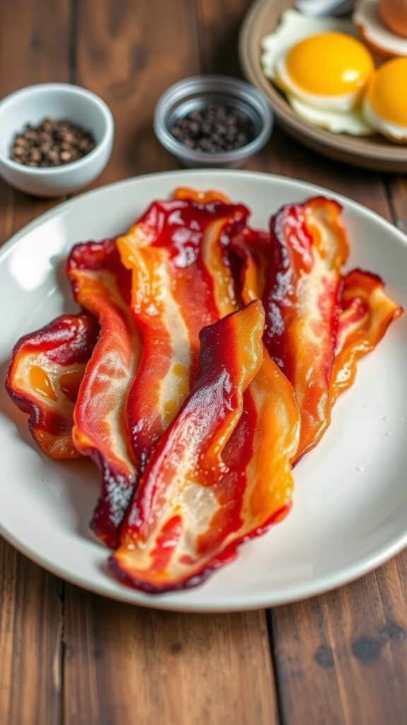 Crispy Air Fryer Bacon Recipe A plate of crispy air fryer bacon strips on a wooden table with eggs.